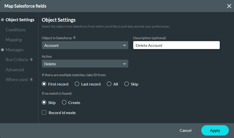 Map Salesforce fields window showing the Object Settings tab 