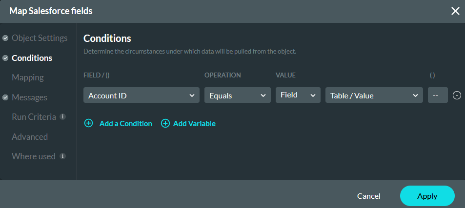 Map Salesforce fields window showing the Conditions tab 