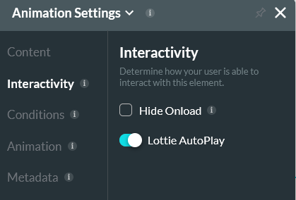 animation settings showing the interactivity tab with Lottie AutoPlay enabled 