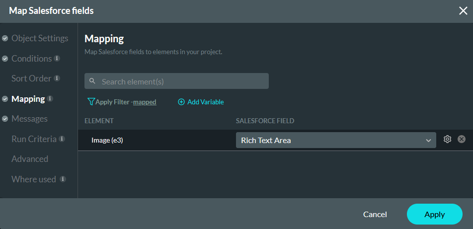 Map Salesforce fields window showing the mapping tab 