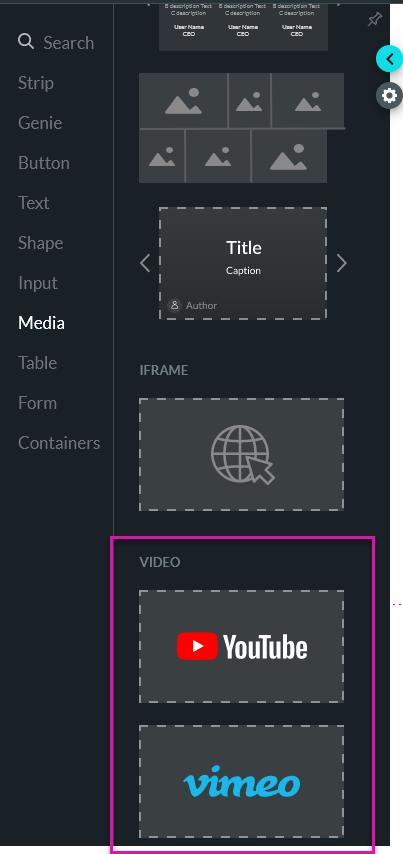 Media tab showing the video element options 