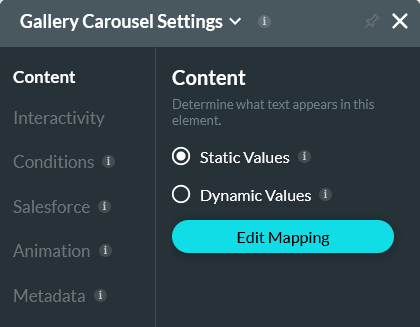 Carousel settings showing that static and dynamic values can be configured 