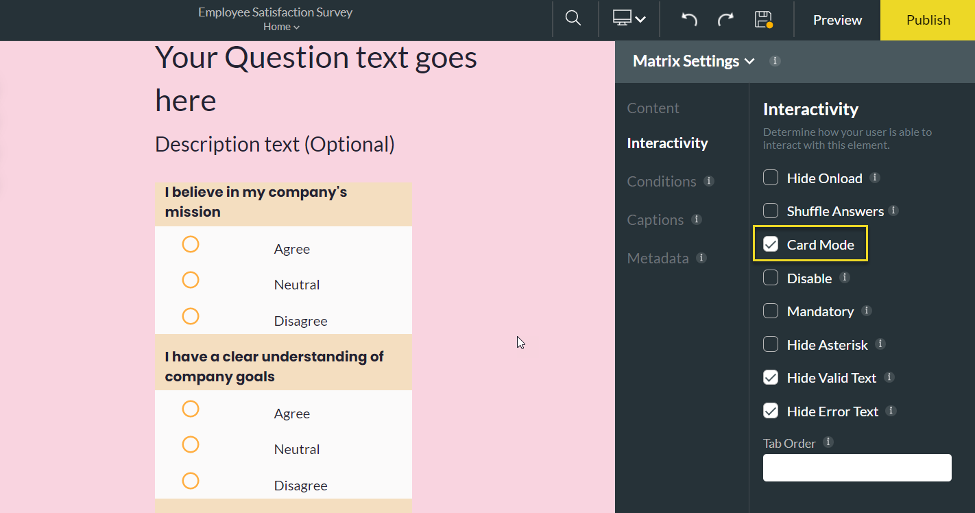 enabling card mode using matrix element settings > interactivity tab > card mode 