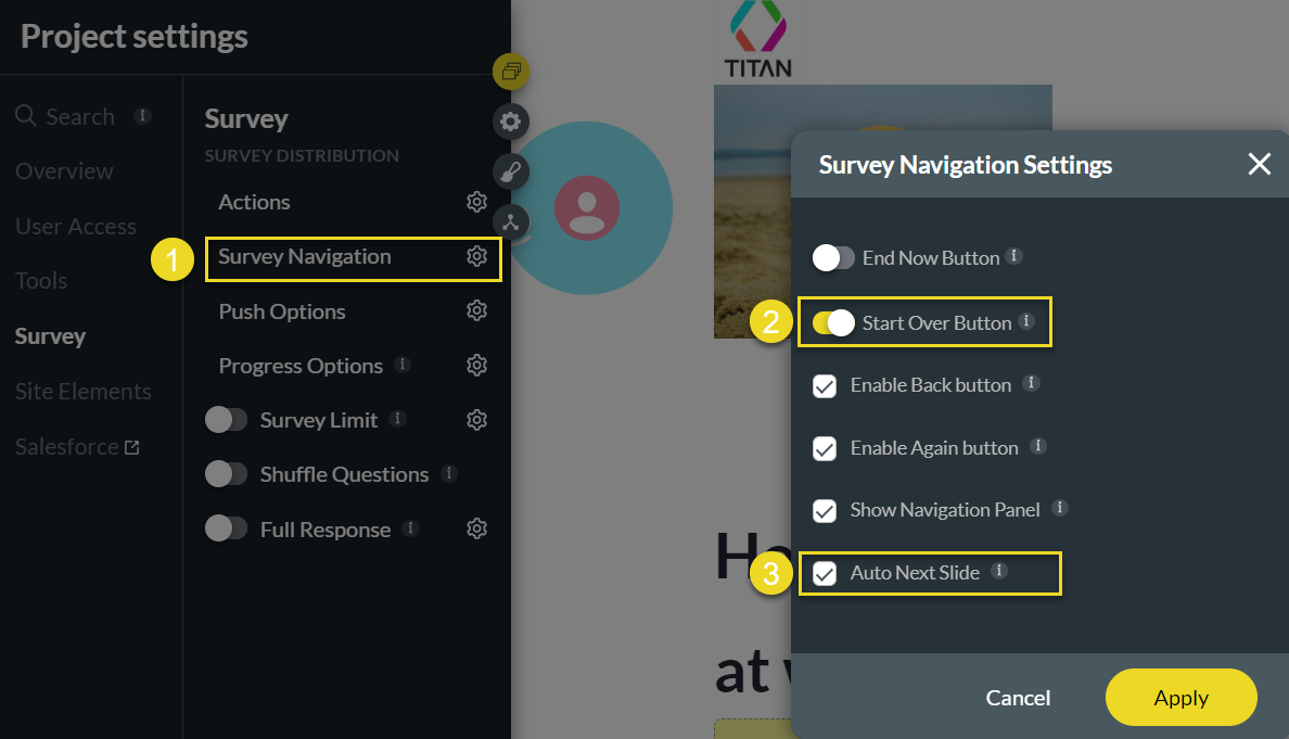 survey navigation settings 