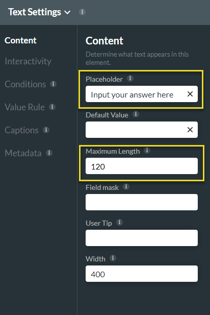 updating text input by changing the placeholder text and the maximum length 