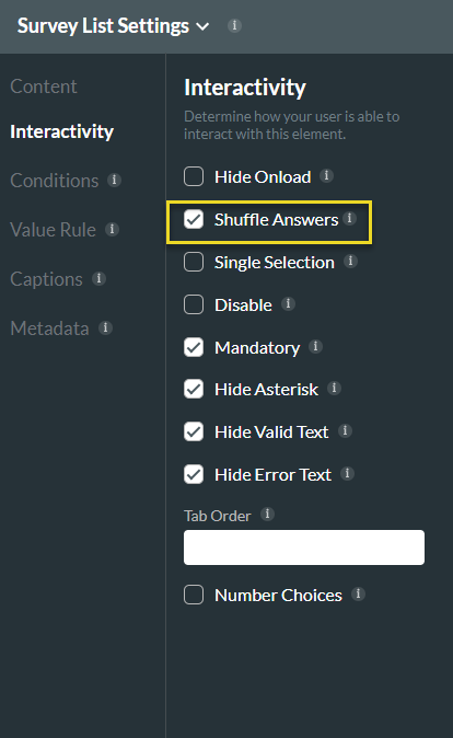 survey list settings > shuffle answers 