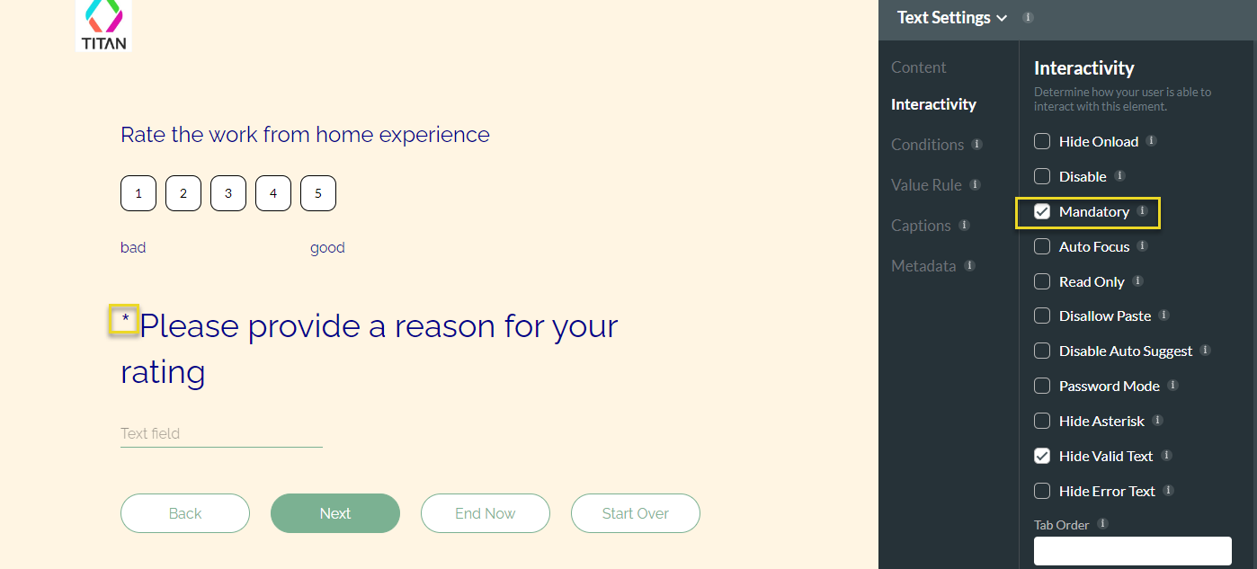 text settings > interactivity tab > mandatory feature 