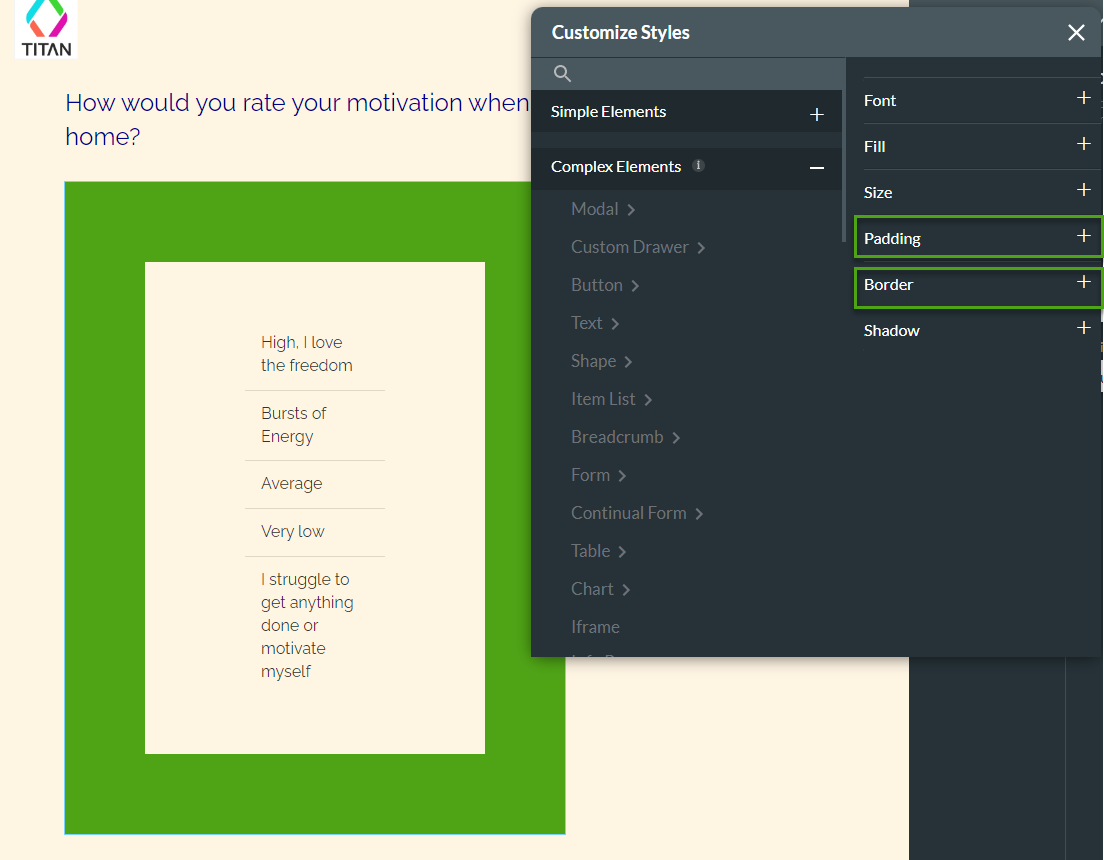 inserting padding for a survey list element 