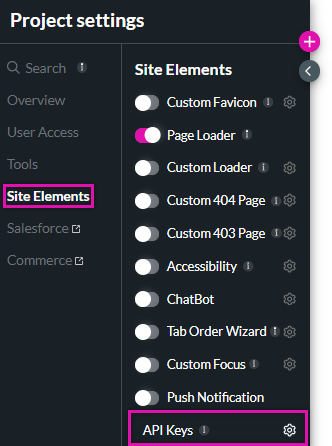 screenshot showing the site elements tab under the project settings 