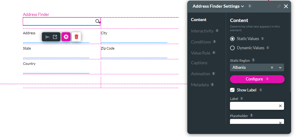 screenshot showing the address finder inserted into a form with the settings 