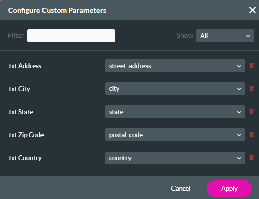 screenshot showing how to configure custom parameters 