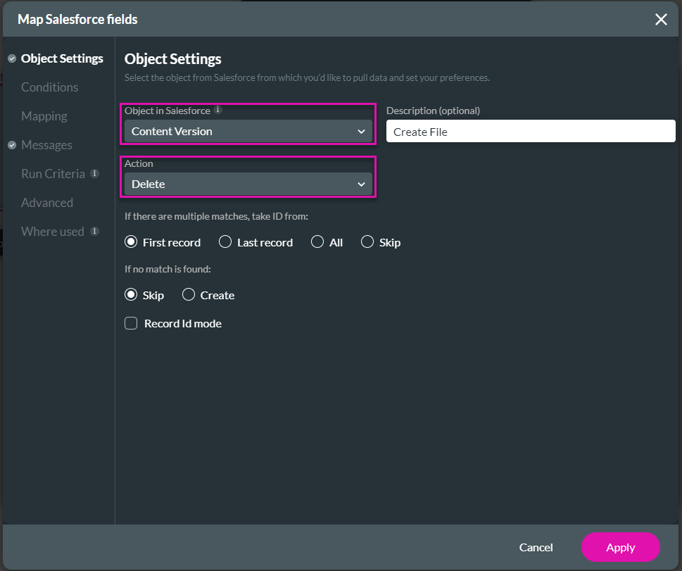 map Salesforce fields > object settings 