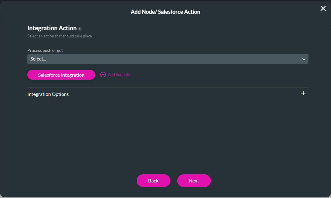 add node > salesforce action > integration action 