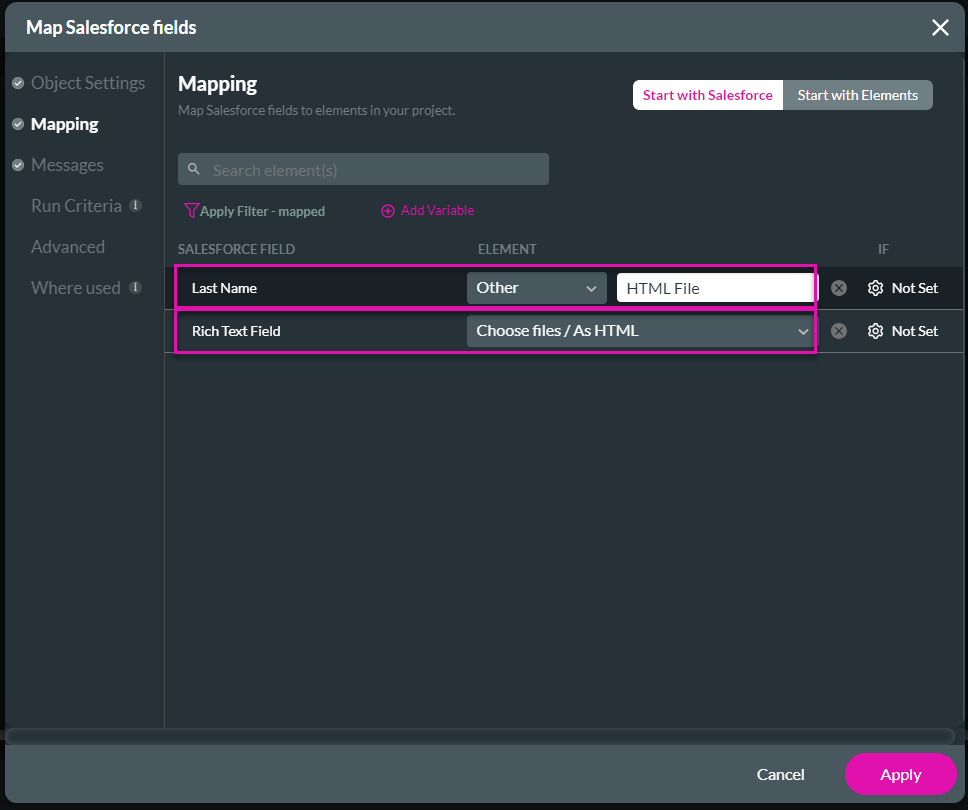 map salesforce fields > mapping tab 