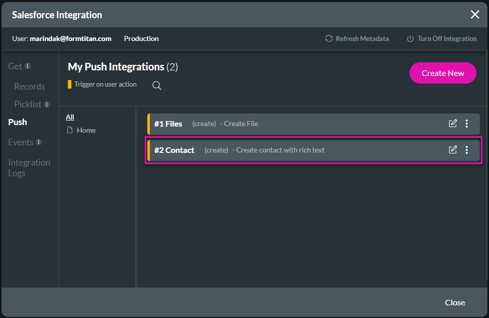 salesforce integration > push tab 