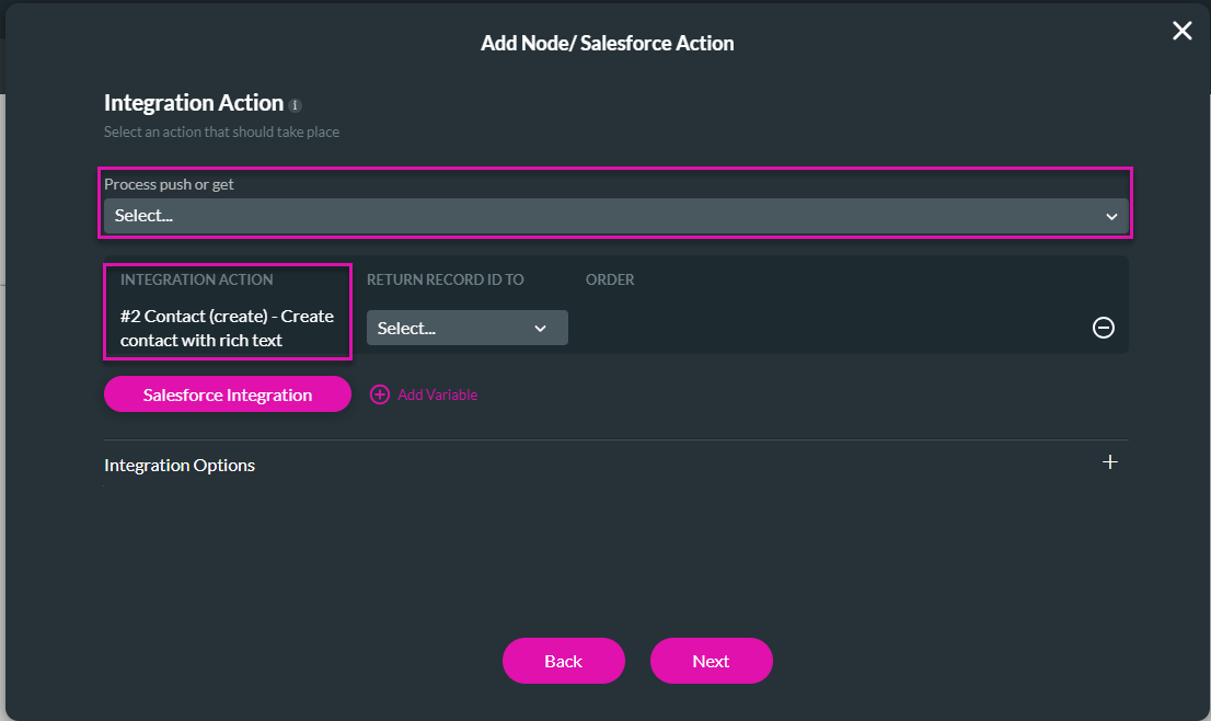 add node > salesforce action > Integration action 