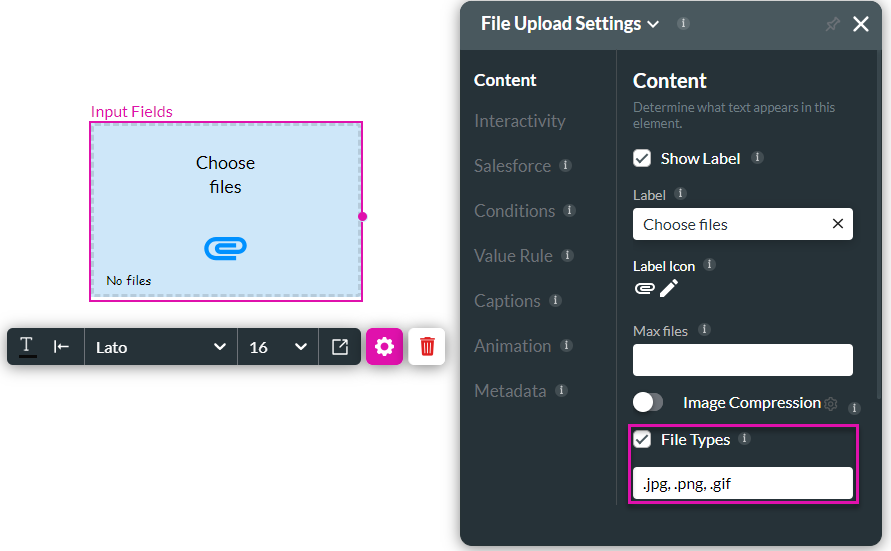 file upload settings > content tab > file types 