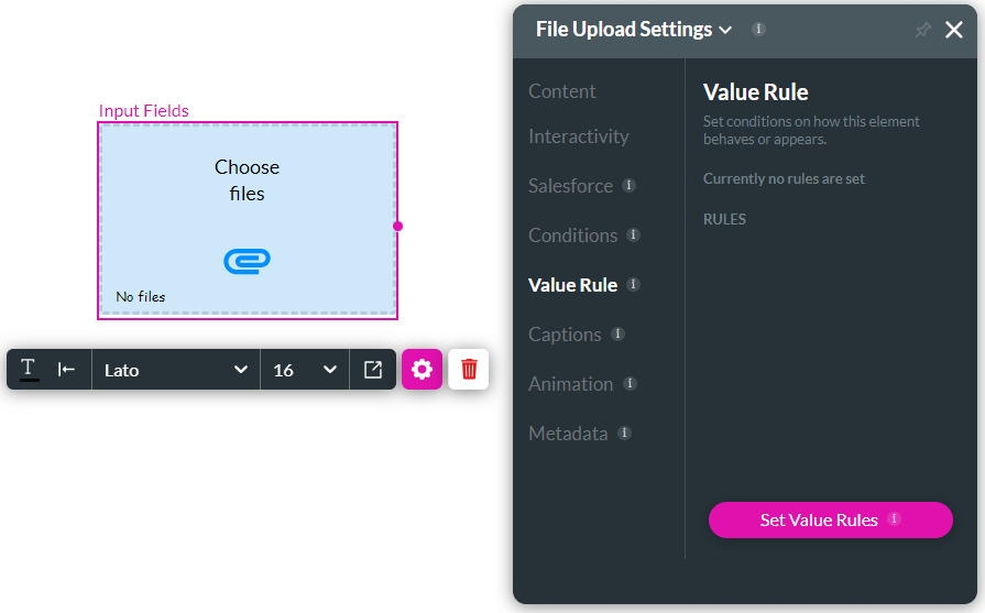 file upload settings > value rule tab 