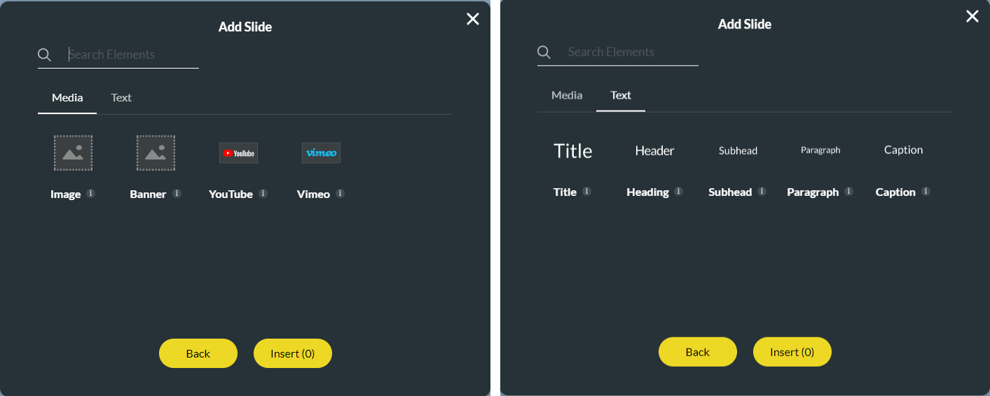 Media and text options for information slides 