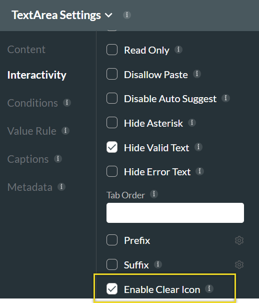 Text Area settings content tab 