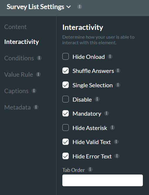 Survey List Settings Interactivity Tab 