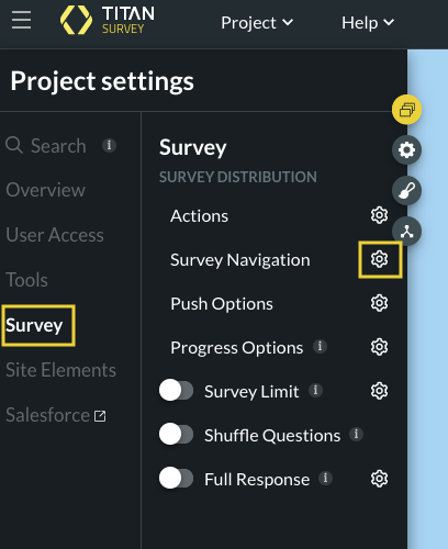 Project settings survey tab > survey navigation 