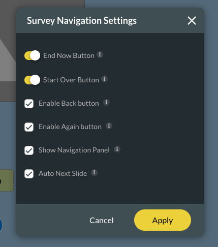 Survey navigation settings screen 