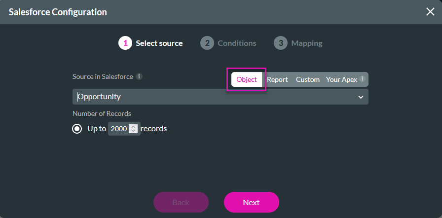 Salesforce Configuration showing the select source step 