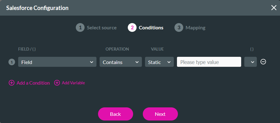 Salesforce configuration showing the conditions step 