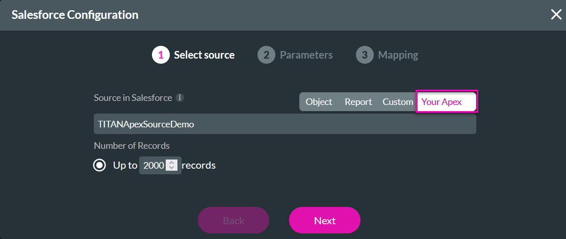 Salesforce configuration window showing select source step 