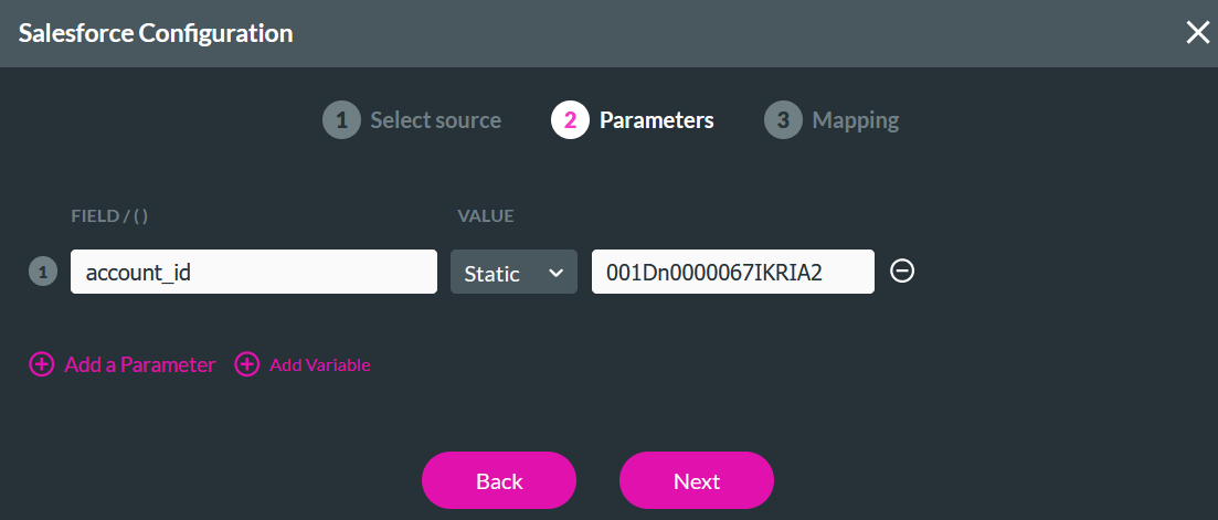 Salesforce window showing parameters step 