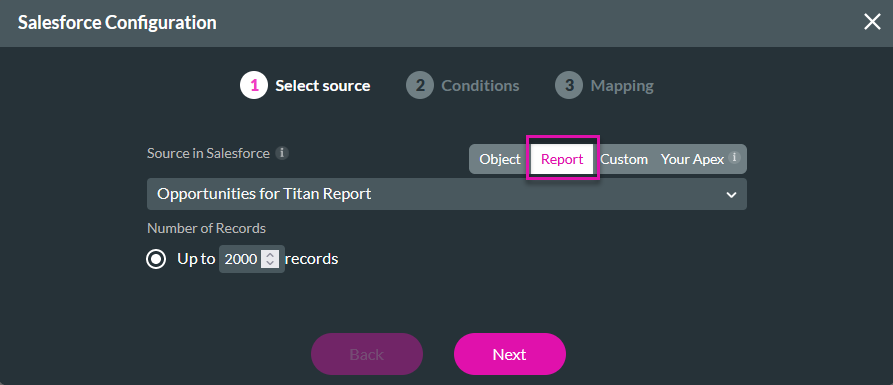 Salesforce Configuration window showing the select source step 