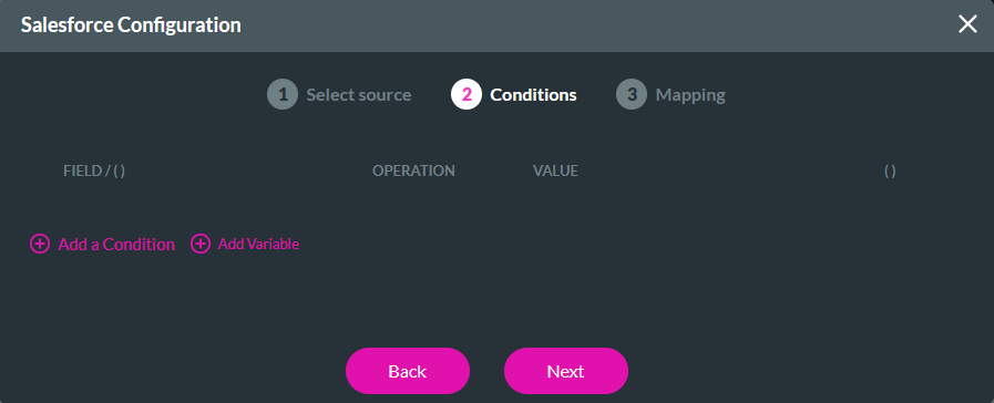 Salesforce configuration window showing the conditions step 