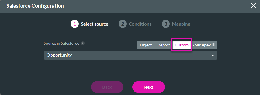 Salesforce configuration window showing the select source step 