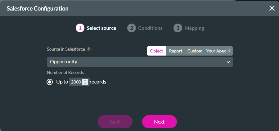 Salesforce configuration window showing select source step 