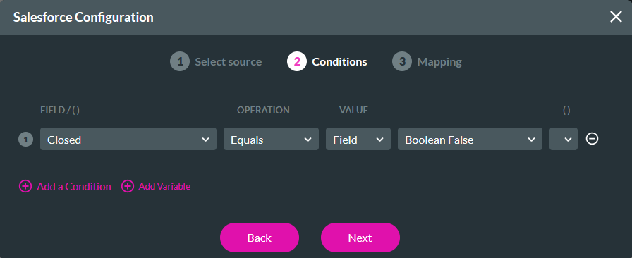 Salesforce configuration window showing the conditions step 