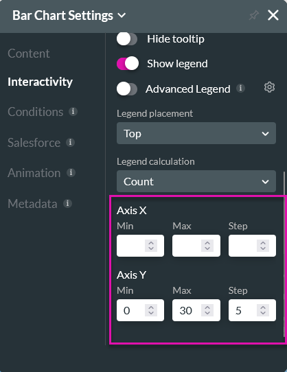 Screenshot of the Bar Chart Settings menu with the Axis configuration options highlighted 