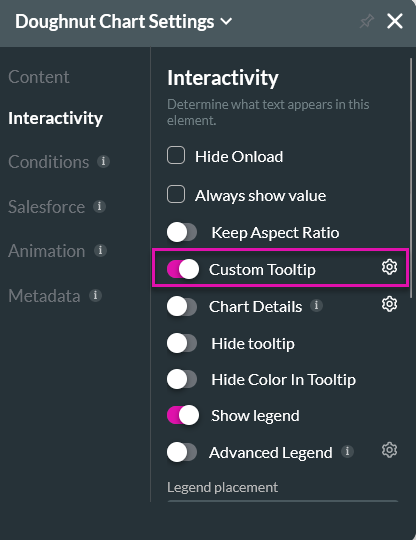 Screenshot of the doughnut chart settings with the custom tooltip feature highlighted 