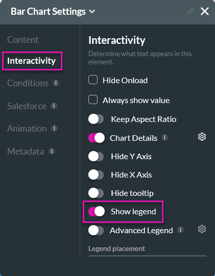 Screenshot of the bar chart settings displaying the Show Legend function 