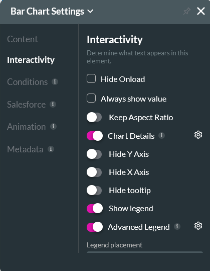 Screenshot of bar chart settings displaying the interactivity tab 