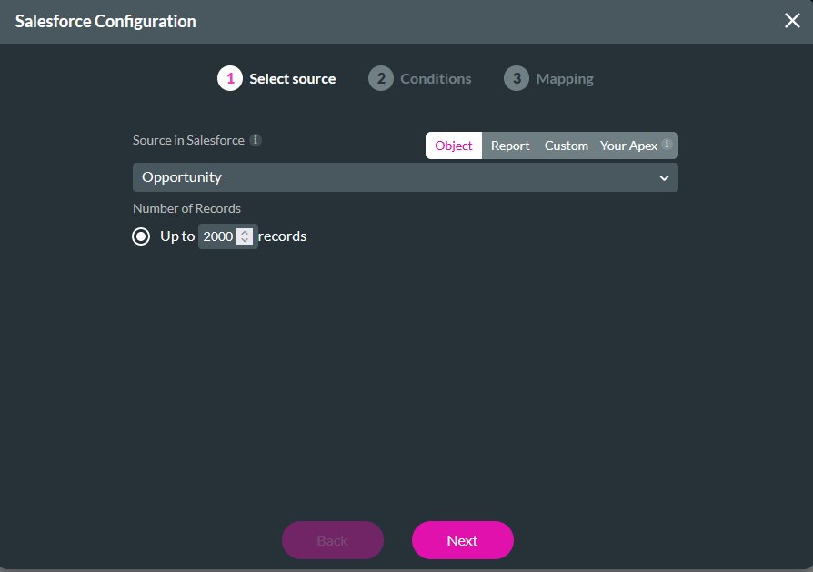 Screenshot of the Salesforce Configuration window displaying the select source step 