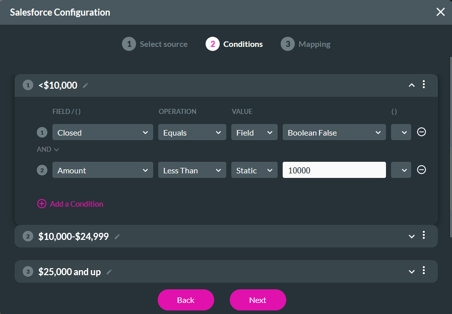 Screenshot of the Salesforce Configuration window displaying the conditions step 