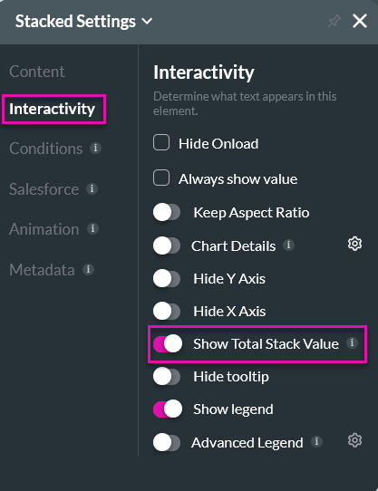 Screenshot of the Stacked Settings menu displaying the Show Total Stack Value option highlighted 