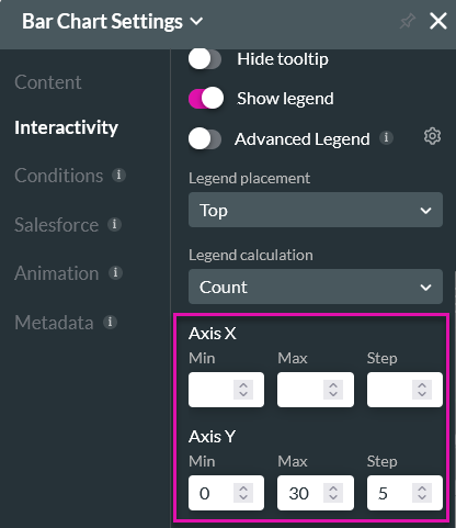 Screenshot of the bar chart settings menu showing the axis config section 