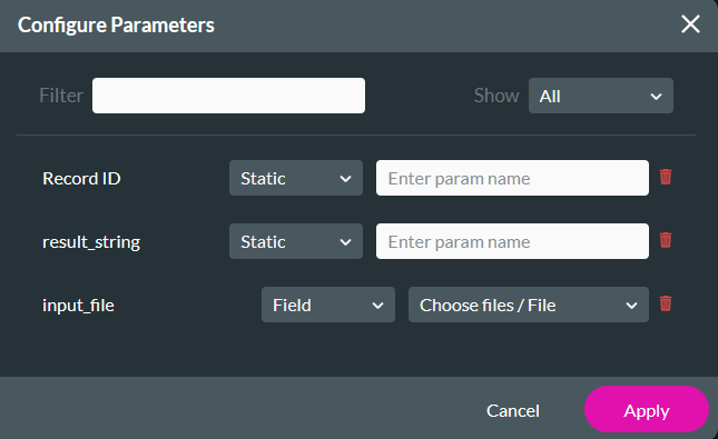 Configure parameters window 