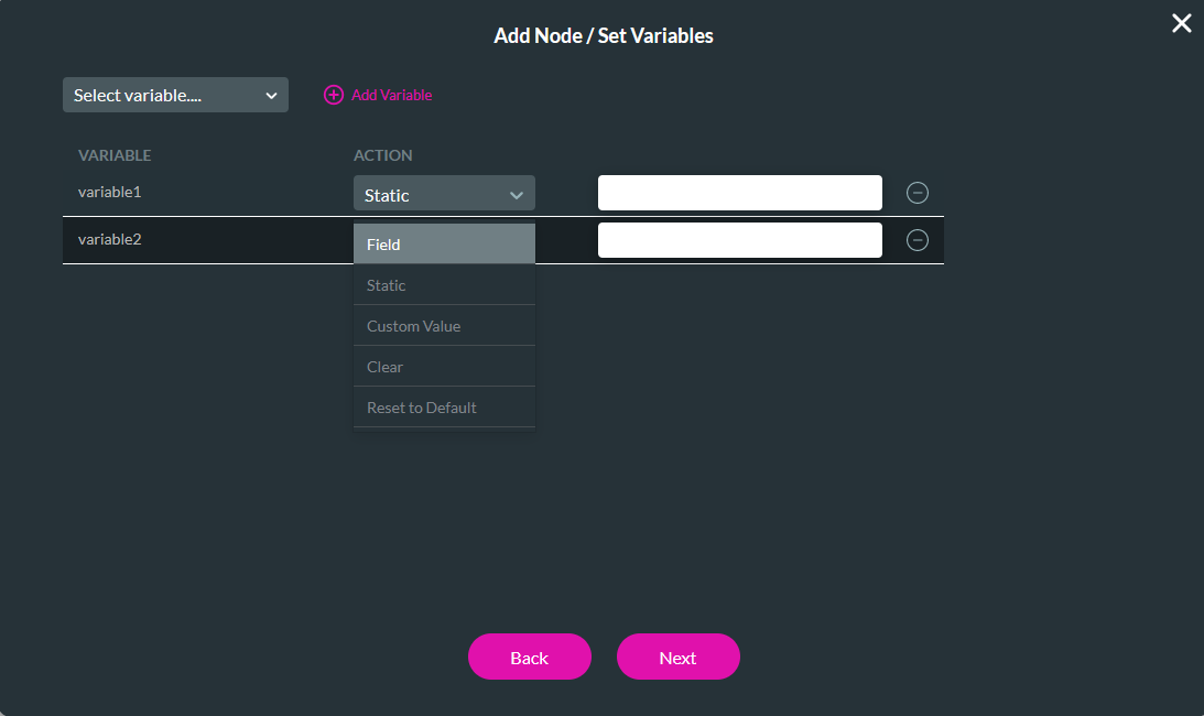 Add Node / Set Variables window 