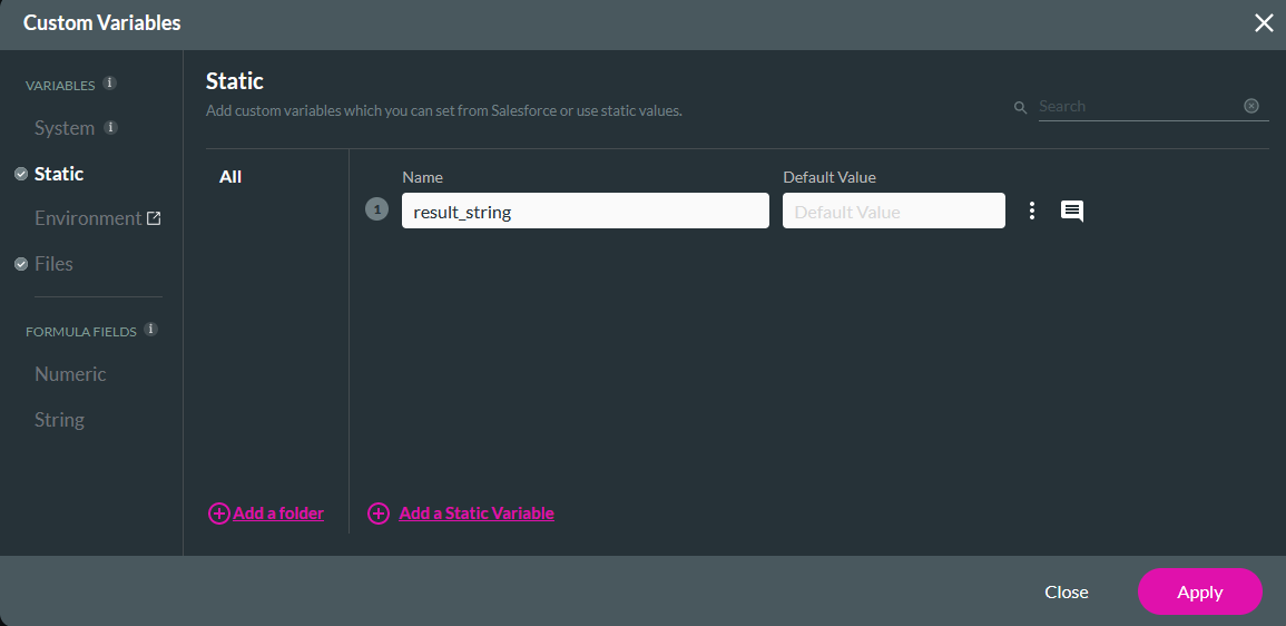 Custom variables window showing the static tab 