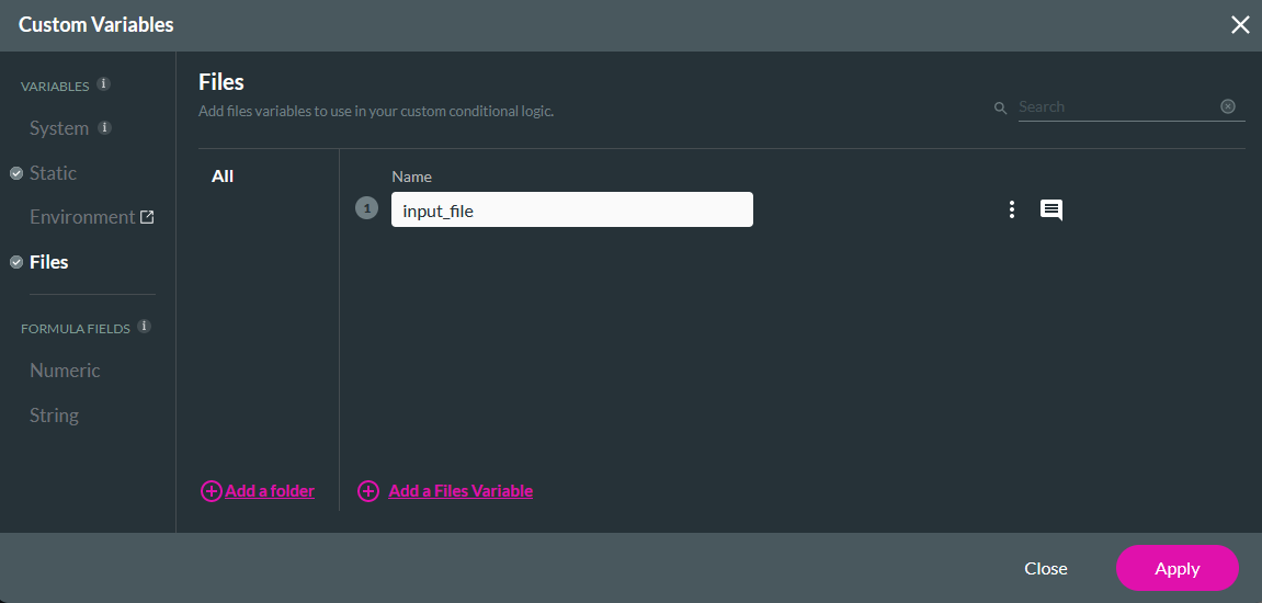 Custom variables window showing the files variable tab 