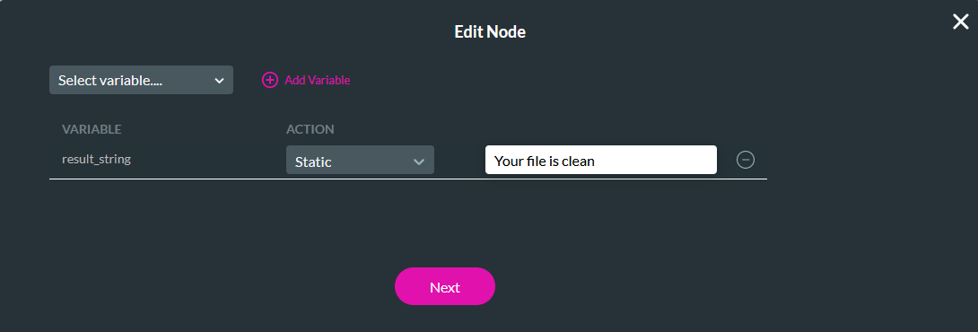 Edit node screen configuration for the success node 