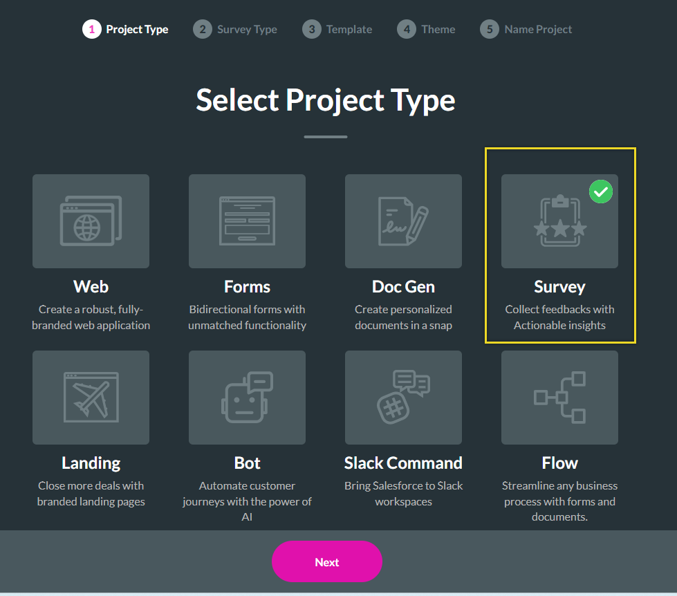 image displaying how to select a new Survey Project.